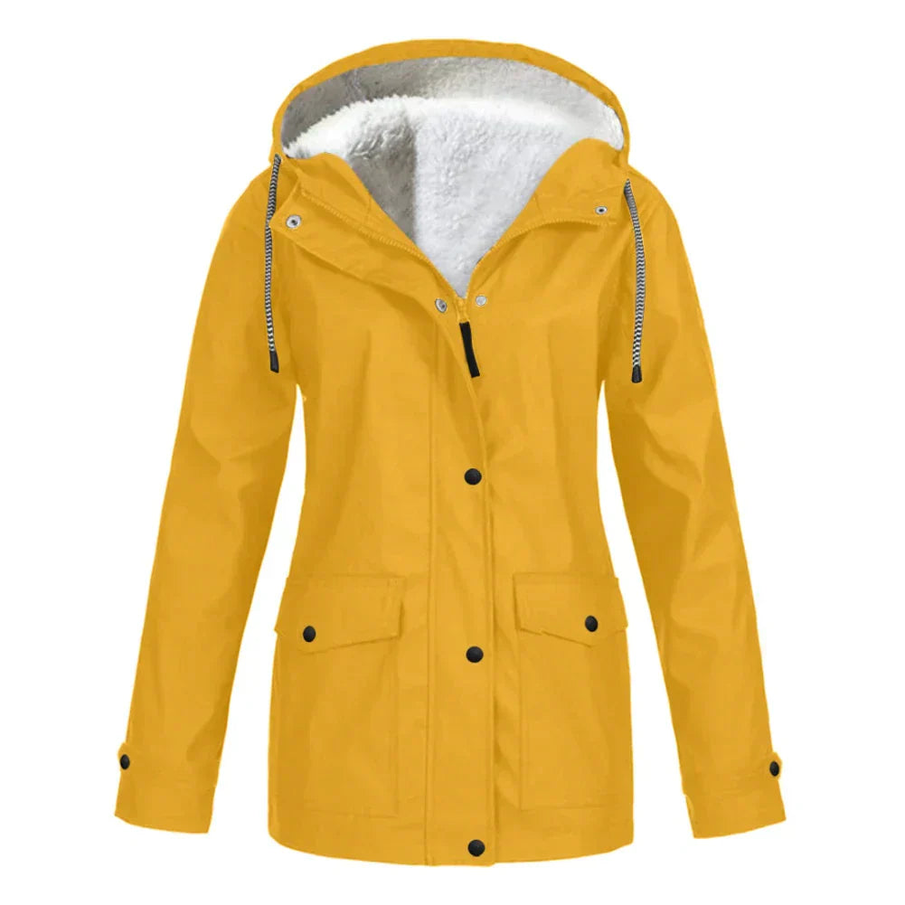 Women’s Rain Jacket – Fleece Lined – Relaxed Fit – Hooded – Mid-Length – Water-Resistant