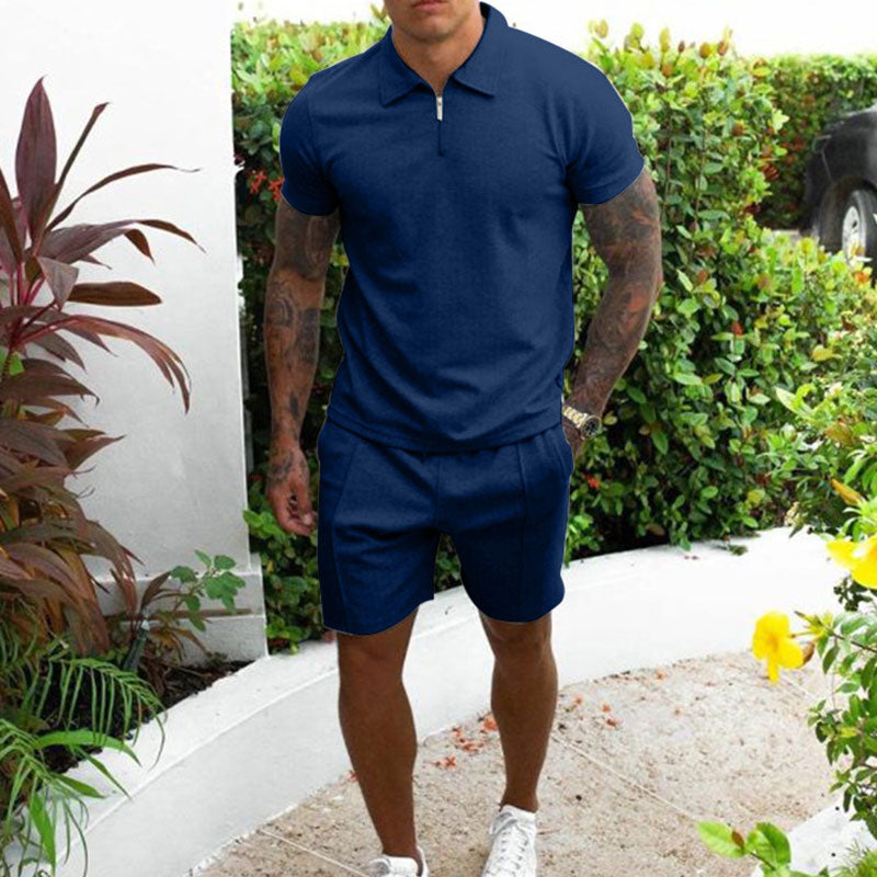 Men's Beige Polo Shirt and Shorts Set Regular Fit Zip Collar Casual Summer Outfit