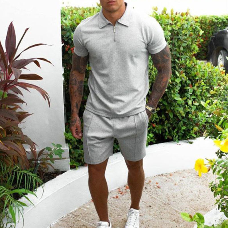 Men's Beige Polo Shirt and Shorts Set Regular Fit Zip Collar Casual Summer Outfit