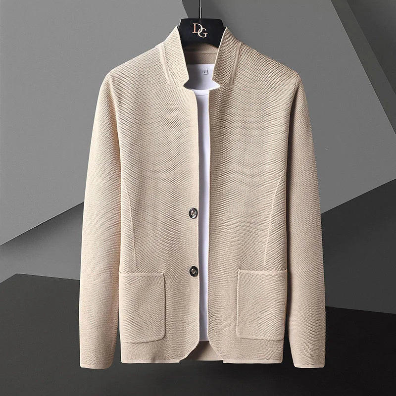 TrendAura Men's Cashmere Knit Cardigan With Stand Collar Deep Pockets Slim Silhouette
