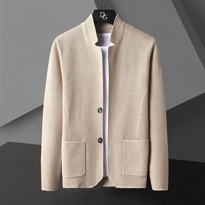 TrendAura Men's Cashmere Knit Cardigan With Stand Collar Deep Pockets Slim Silhouette