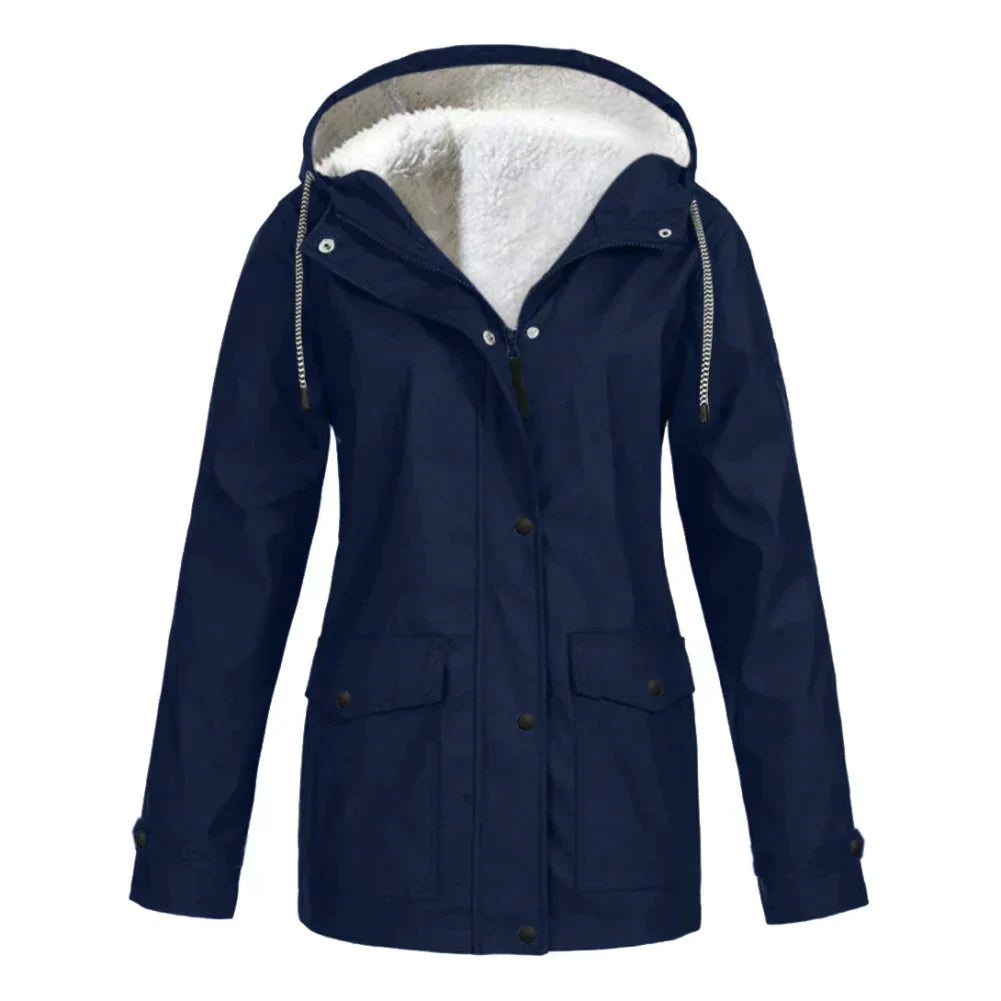 Women’s Rain Jacket – Fleece Lined – Relaxed Fit – Hooded – Mid-Length – Water-Resistant