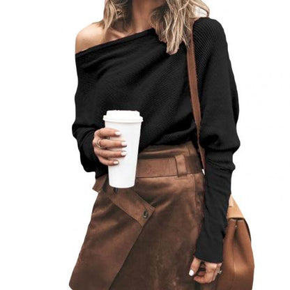 Women's Off-Shoulder Sweater - Ribbed Knit - Oversized Fit - Long Sleeves Casual