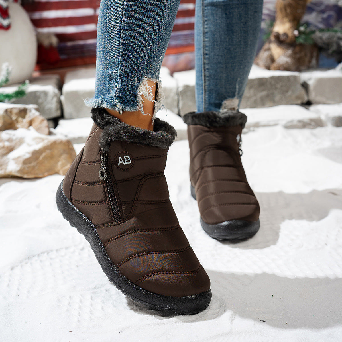 Women's Waterproof Warm Walking Boots With Plush Faux Fur Lining Anti Slip Lightweight Comfort