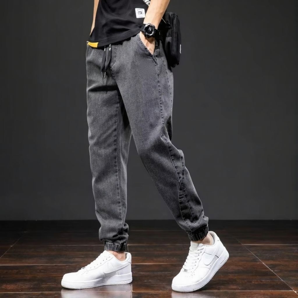 Mens Black and Blue Cargo Denim Jogger Pants With Relaxed Streetwear Comfort by TrendAura