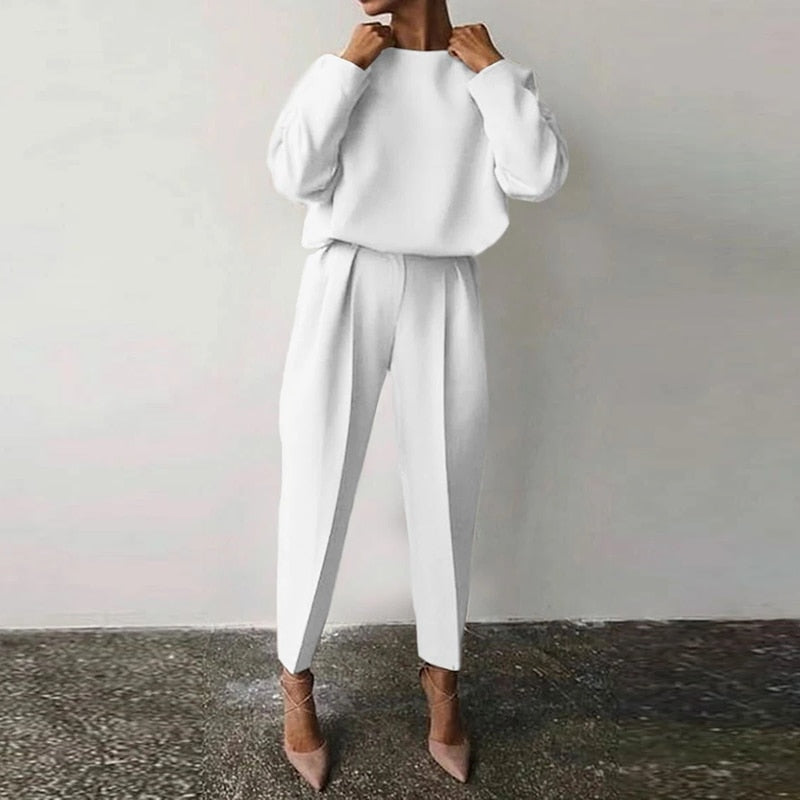 Women’s Two-Piece Suit Set – Relaxed Fit Top with Balloon Sleeves – High-Waisted Tapered Pants