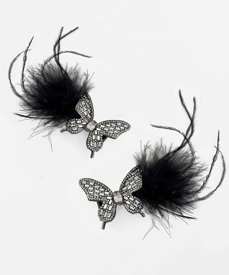 Épingle à cheveux en alliage de zircon noir faite à la main avec plumes de papillon - TrendAura