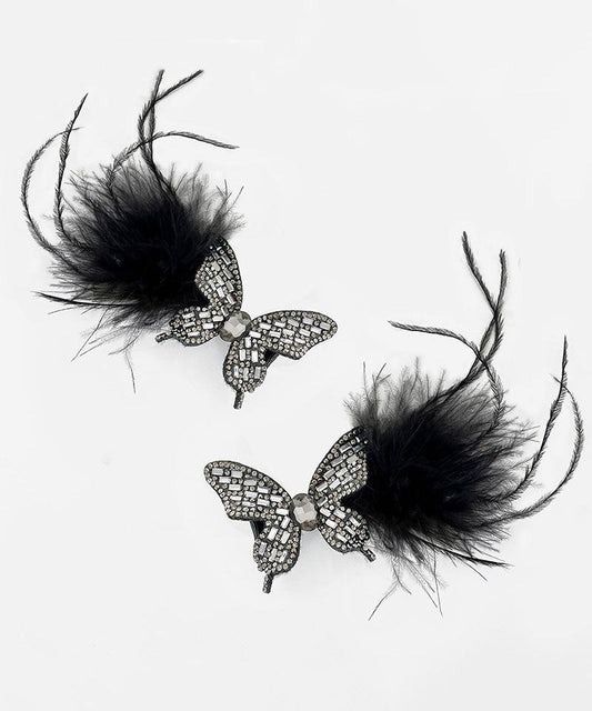 Épingle à cheveux en alliage de zircon noir faite à la main avec plumes de papillon - TrendAura