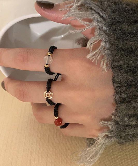 Ensemble de trois bagues en cuivre et cristal d'agate noire tissées à la main - TrendAura