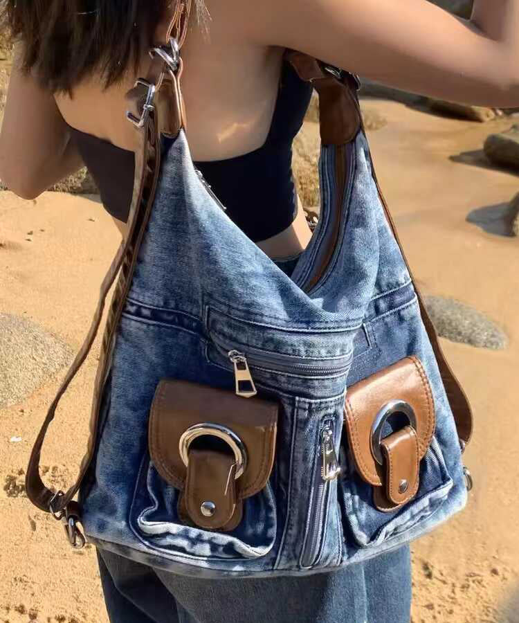 Sac à main en denim bleu polyvalent de grande capacité fait main - TrendAura