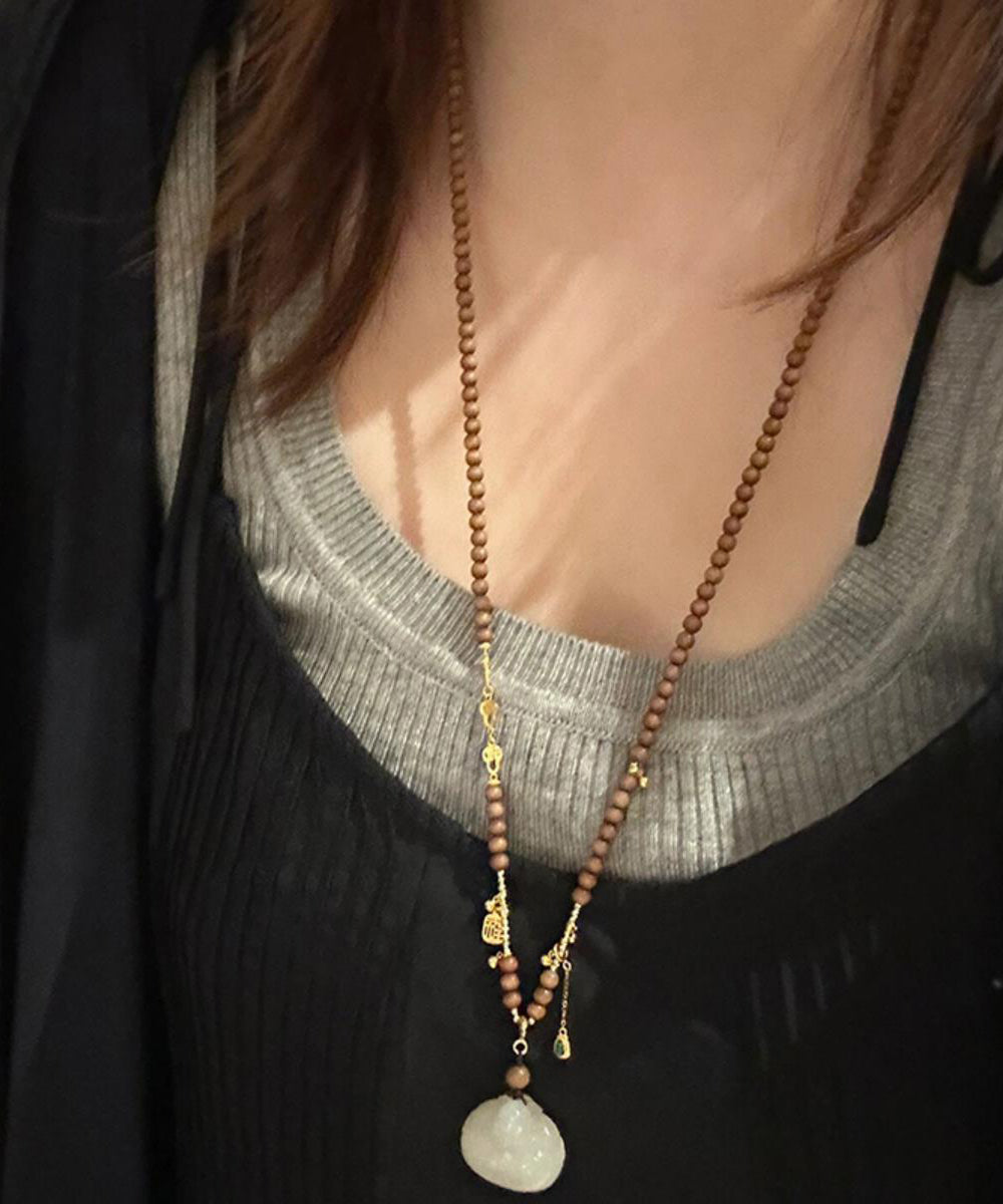Collier pendentif en perles de bois de santal surdoré en argent sterling marron fait main - TrendAura