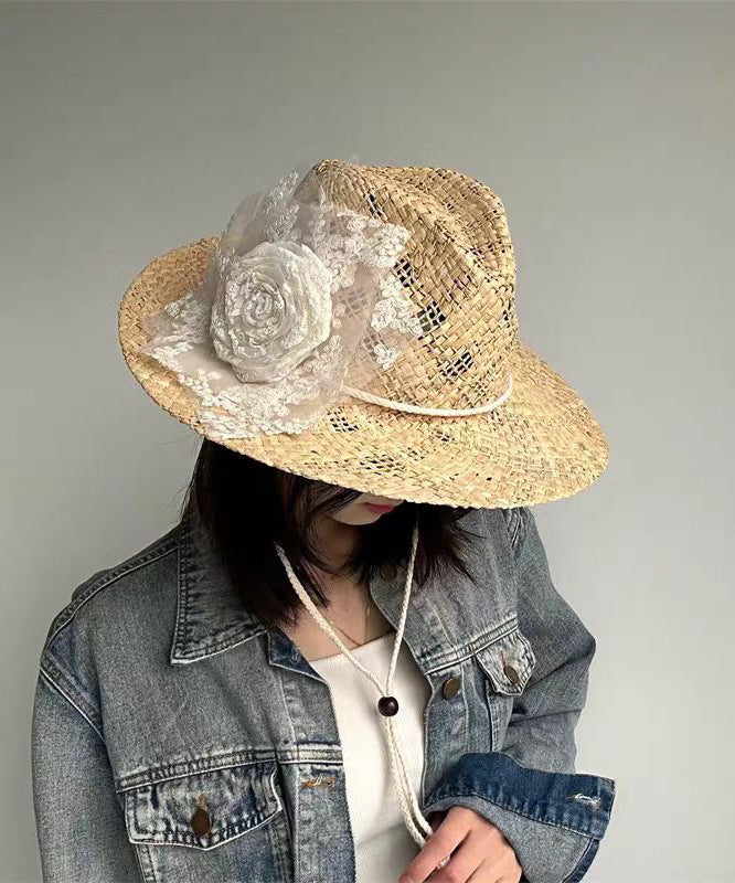 Chapeau de cowboy en paille tissée ajourée avec dentelle et fleurs, fait à la main - TrendAura