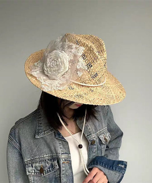 Chapeau de cowboy en paille tissée ajourée avec dentelle et fleurs, fait à la main - TrendAura