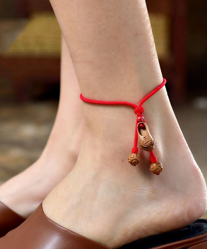 Bracelets de cheville en bois de pêcher rouge tissés à la main avec tête de tigre - TrendAura