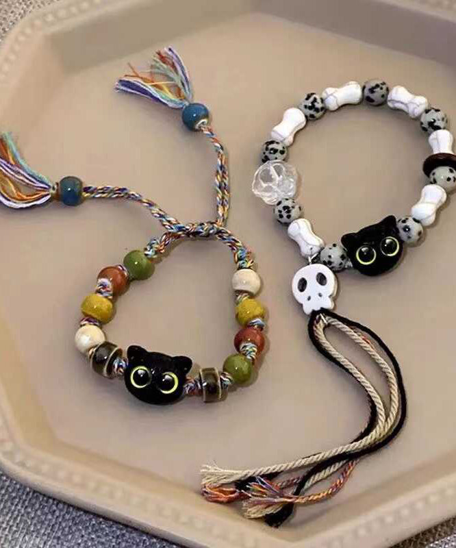 Bracelet en chaîne en deux pièces tissé à la main avec pompons en céramique et petits chats - TrendAura