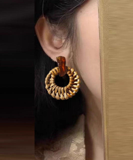 Boucles d'oreilles créoles tissées à la main en alliage jaune et bambou - TrendAura