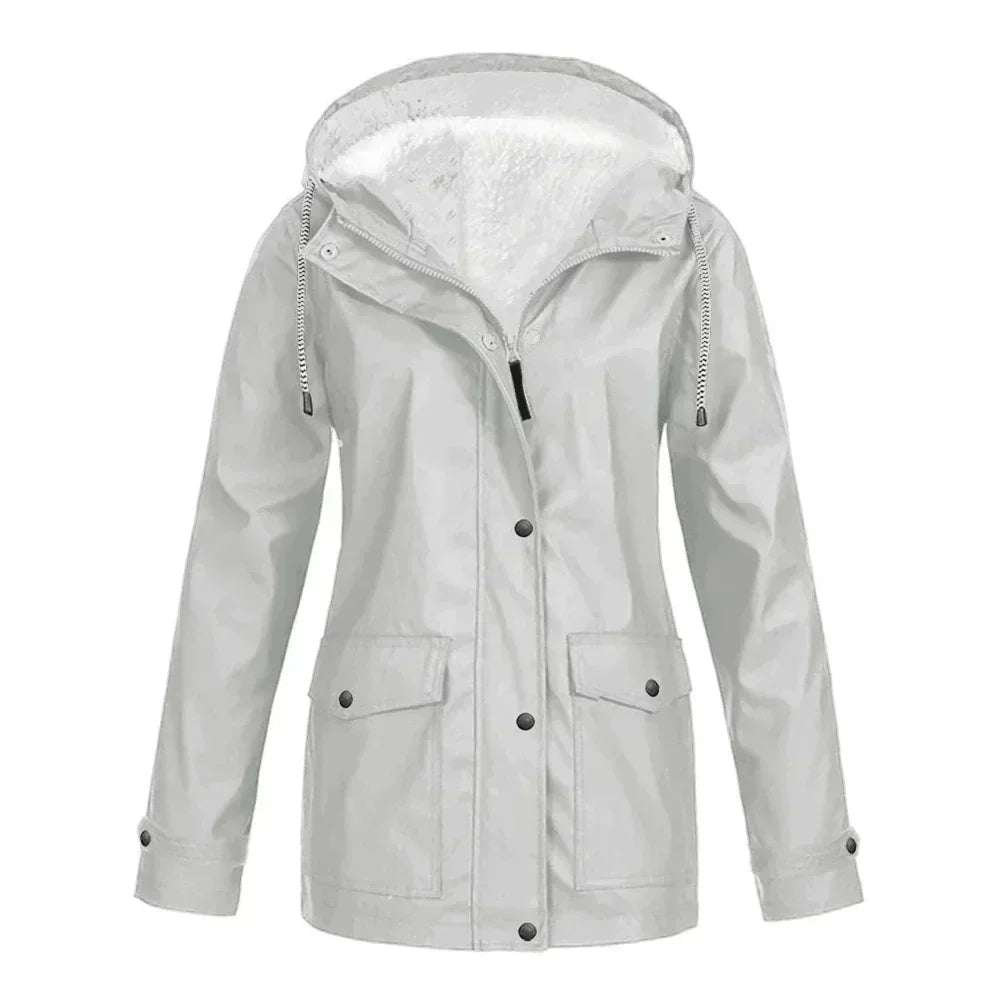 Women’s Rain Jacket – Fleece Lined – Relaxed Fit – Hooded – Mid-Length – Water-Resistant
