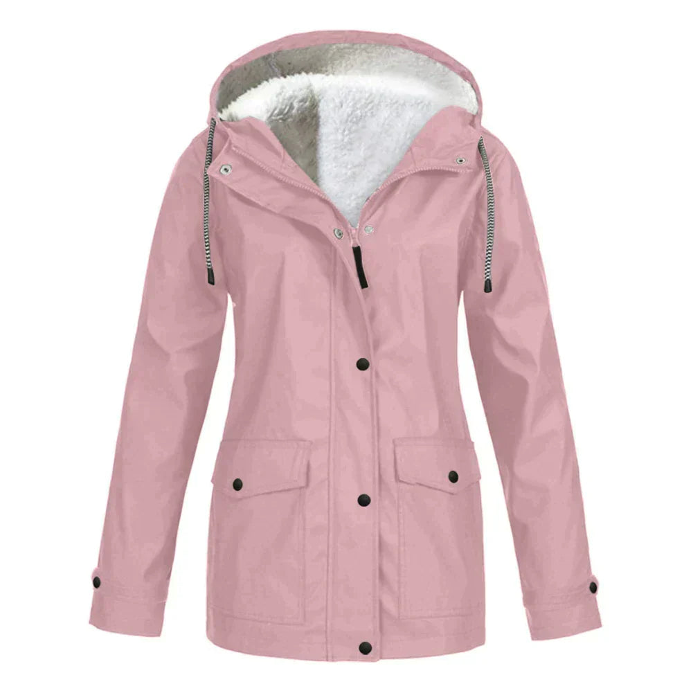 Women’s Rain Jacket – Fleece Lined – Relaxed Fit – Hooded – Mid-Length – Water-Resistant