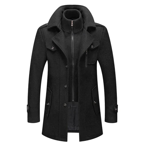 Men's Wool Blend Trench Coat With Double Breasted Front, High Collar, Zipper And Button Closure, Winter Outerwear