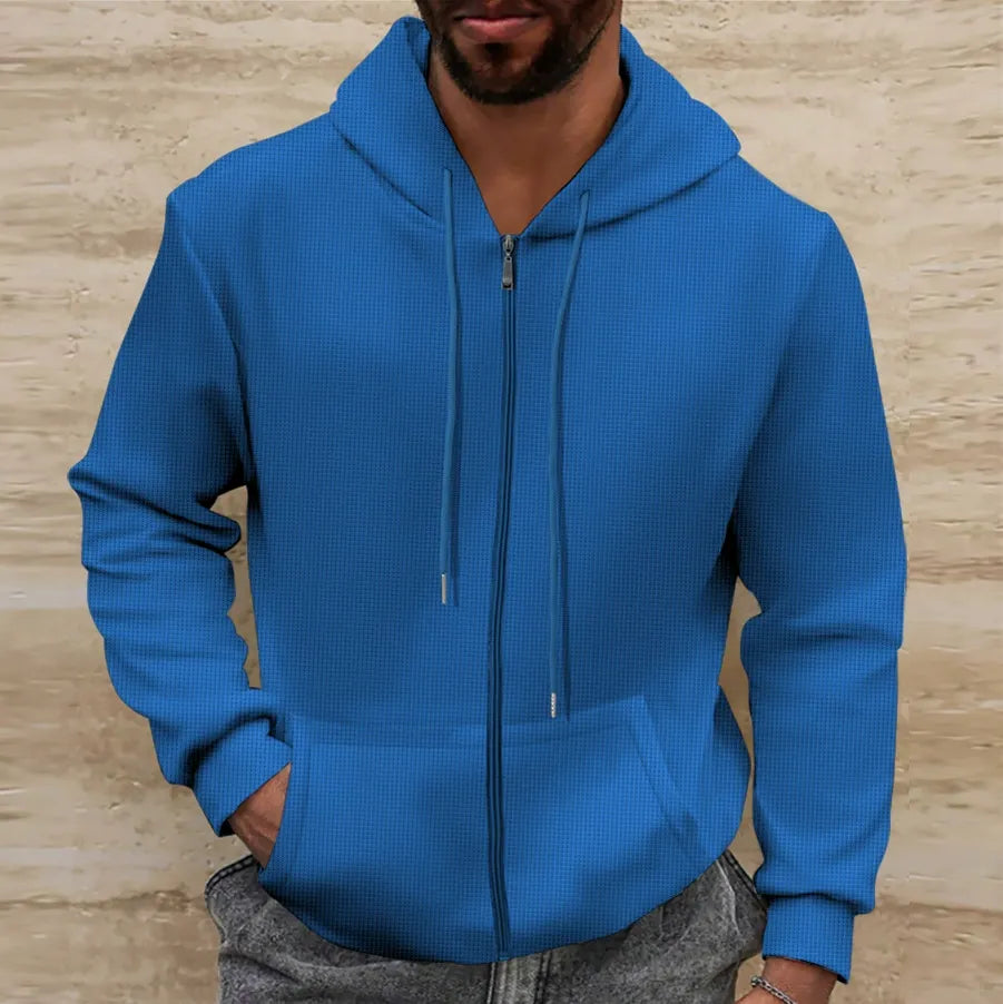 Mens Hooded Jacket With Embossed Texture And Full Zip Closure Breathable Fiber Blend