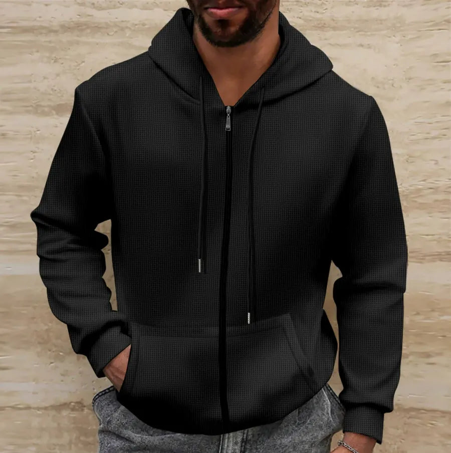 Mens Hooded Jacket With Embossed Texture And Full Zip Closure Breathable Fiber Blend