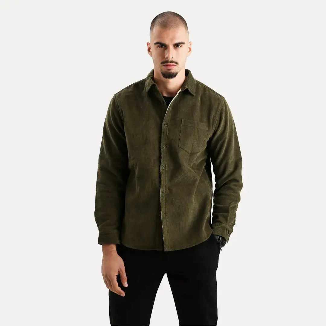 Mens Corduroy Long Sleeve Shirt With Plush Lining For Warmth And Everyday Comfort And Style