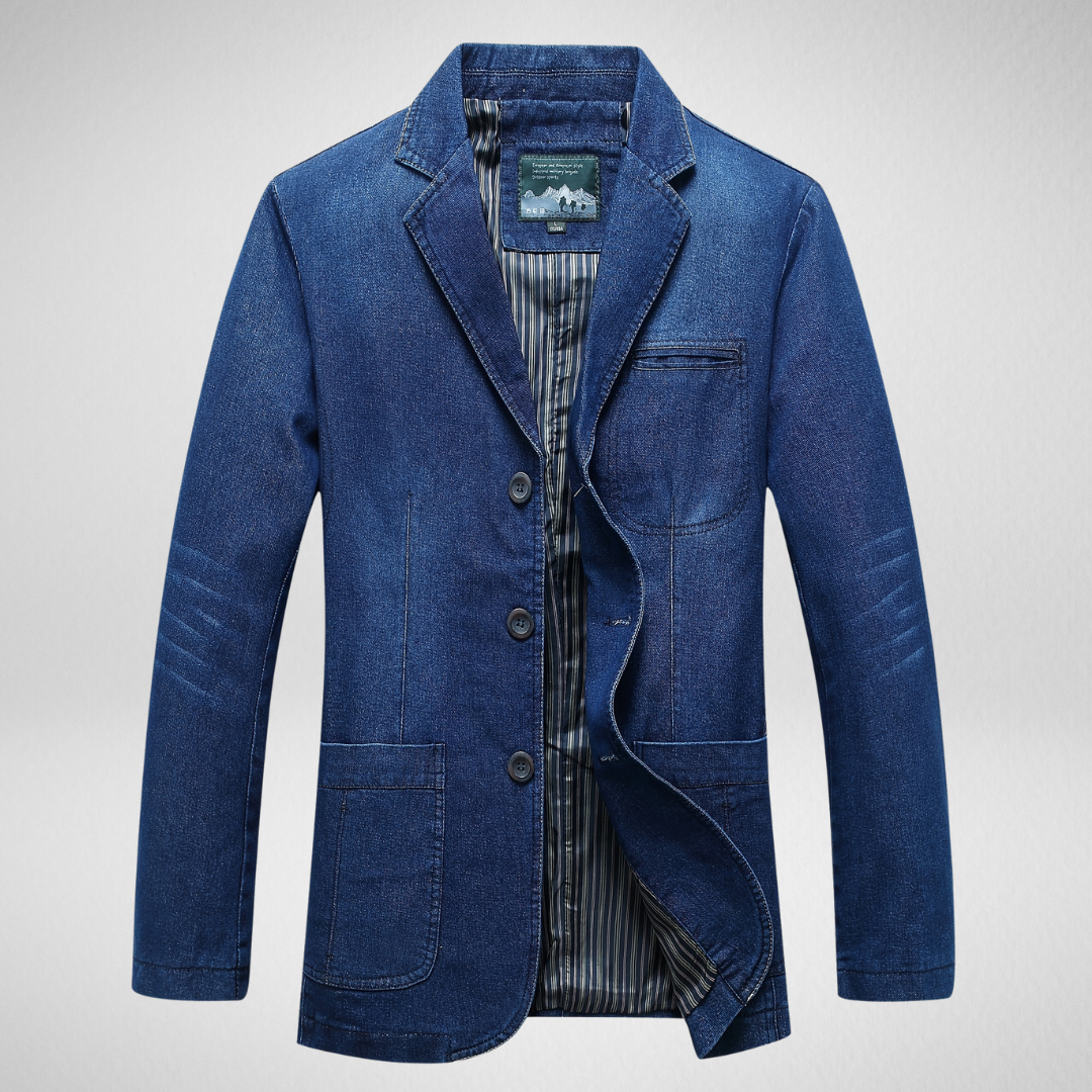 Denim-Style Men's Blazer With Single-Breasted Button Closure Versatile Autumn Wardrobe Essential
