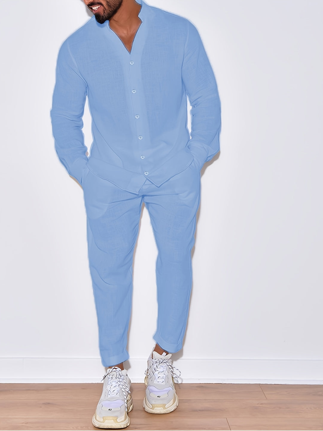 Men's Cotton-Linen Set With Mandarin Collar Shirt And Matching Trousers For Elegant Comfort