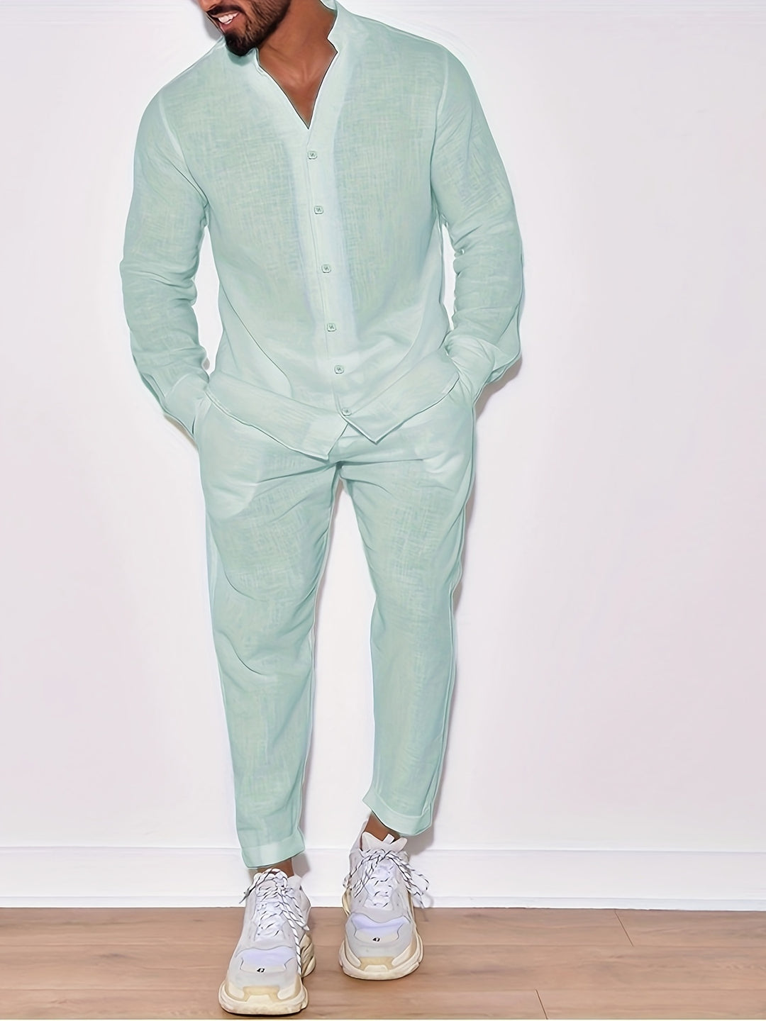 Men's Cotton-Linen Set With Mandarin Collar Shirt And Matching Trousers For Elegant Comfort
