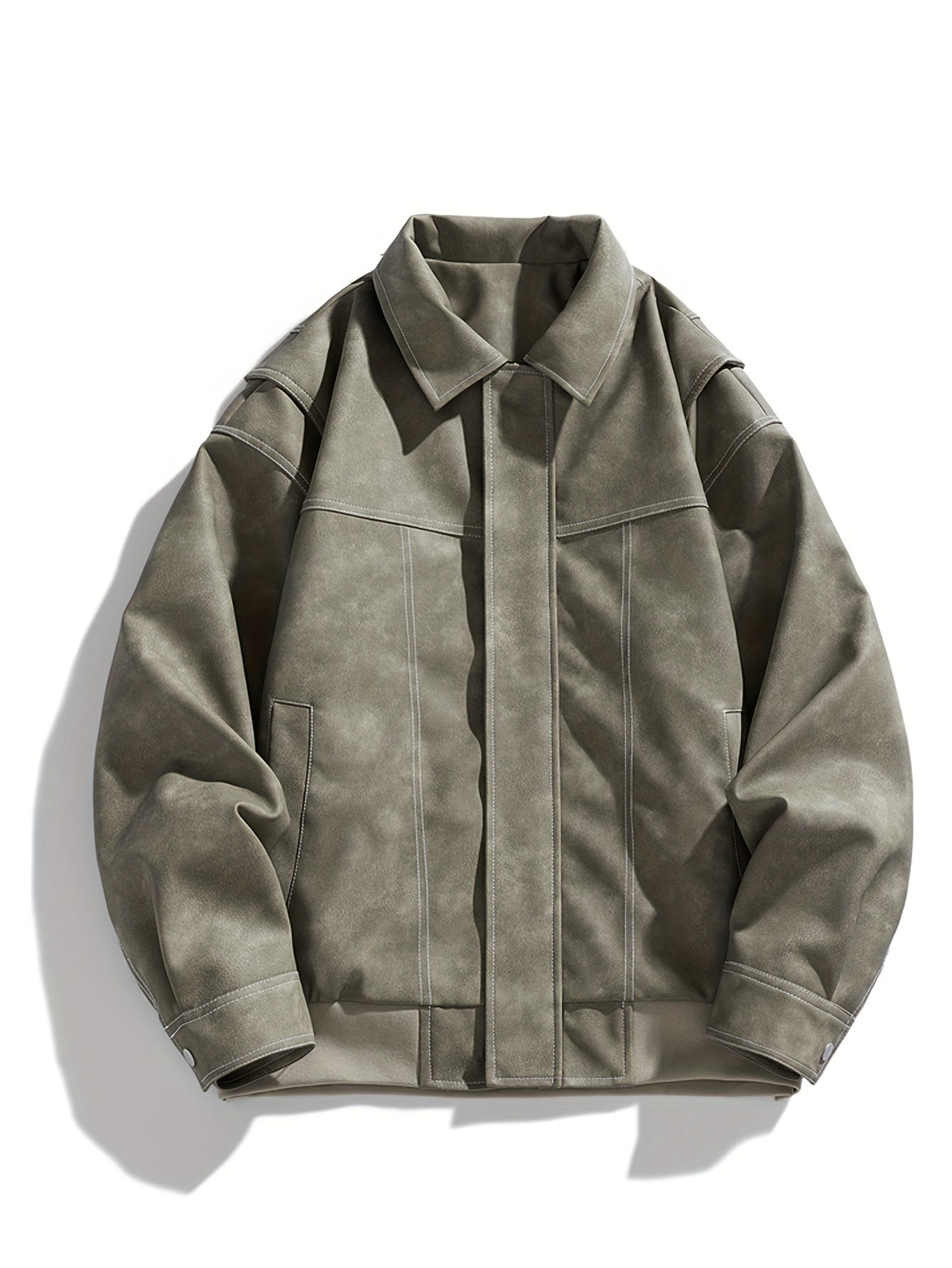 Men's Faux Leather Jacket With Fold-Down Collar And Pockets, Regular Fit, Timeless Style For Everyday Wear