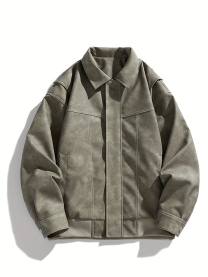 Men's Faux Leather Jacket With Fold-Down Collar And Pockets, Regular Fit, Timeless Style For Everyday Wear