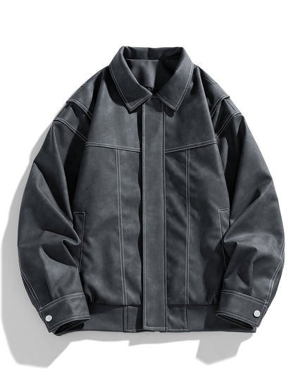 Men's Faux Leather Jacket With Fold-Down Collar And Pockets, Regular Fit, Timeless Style For Everyday Wear