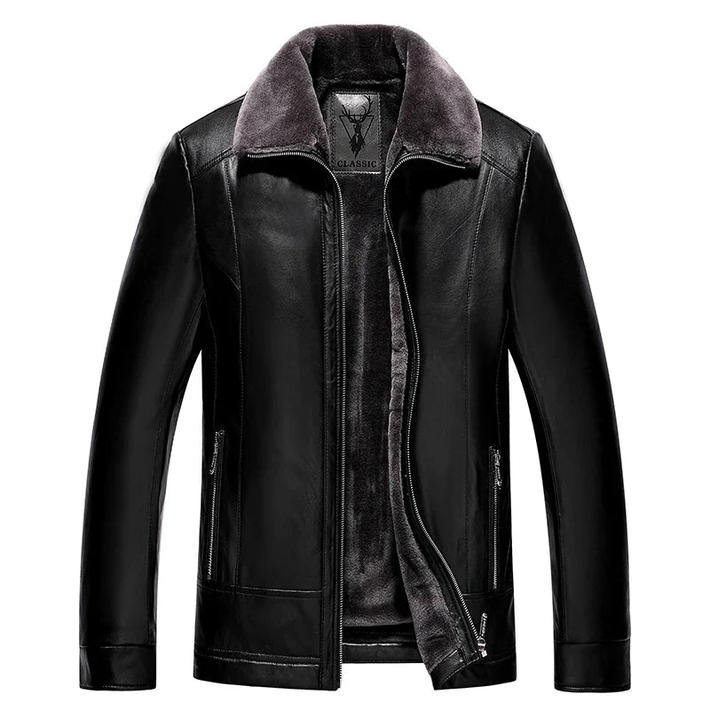 Mens Leather Jacket With Fleece Lining And Thick Fur Collar For Motorcycle Enthusiasts