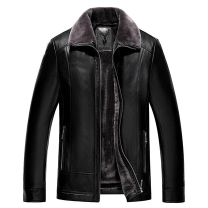 Mens Leather Jacket With Fleece Lining And Thick Fur Collar For Motorcycle Enthusiasts