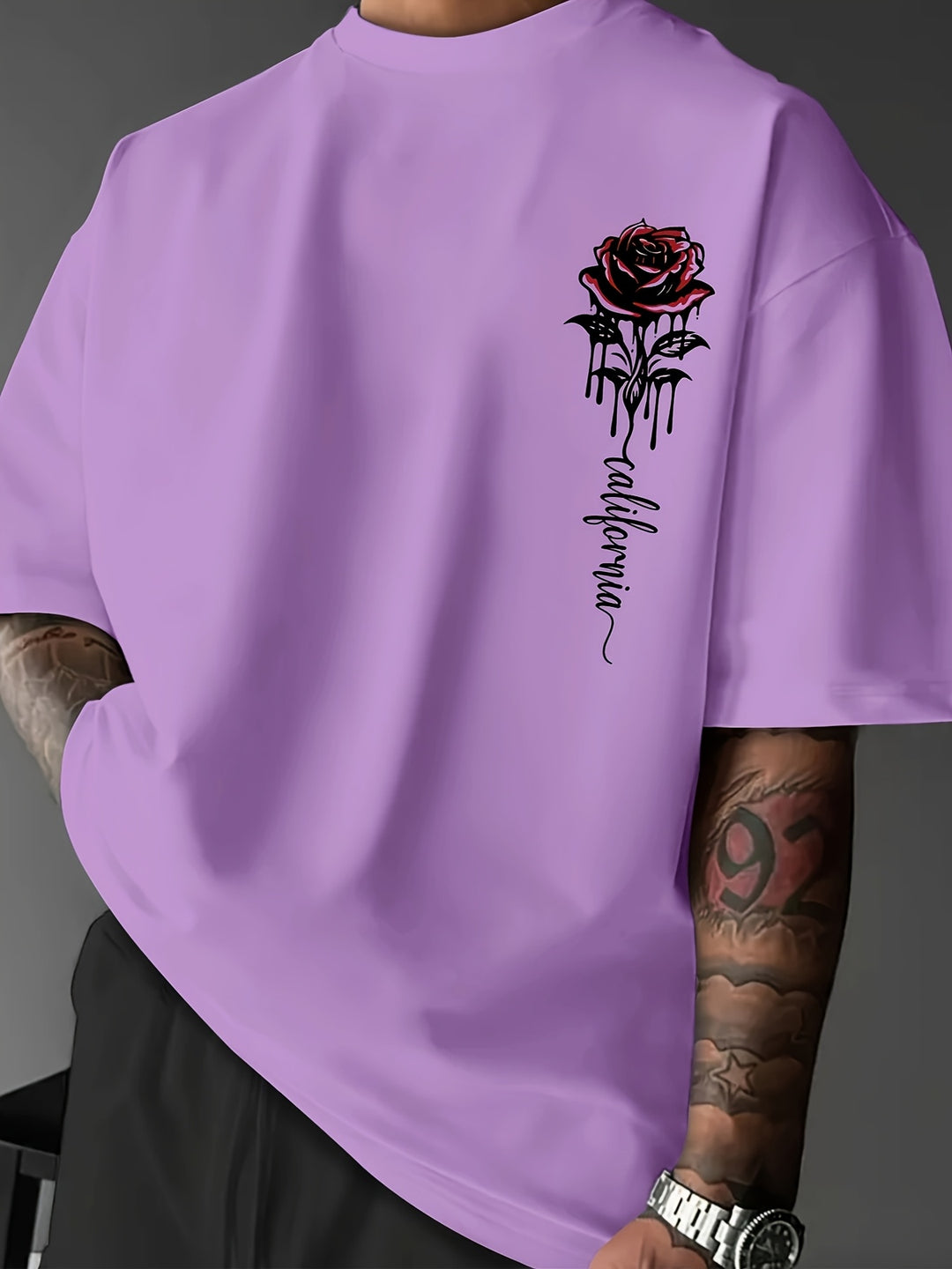 Mens Rose Print T Shirt Loose Fit Lightweight Polyester Blend Summer Casual Tee For Men