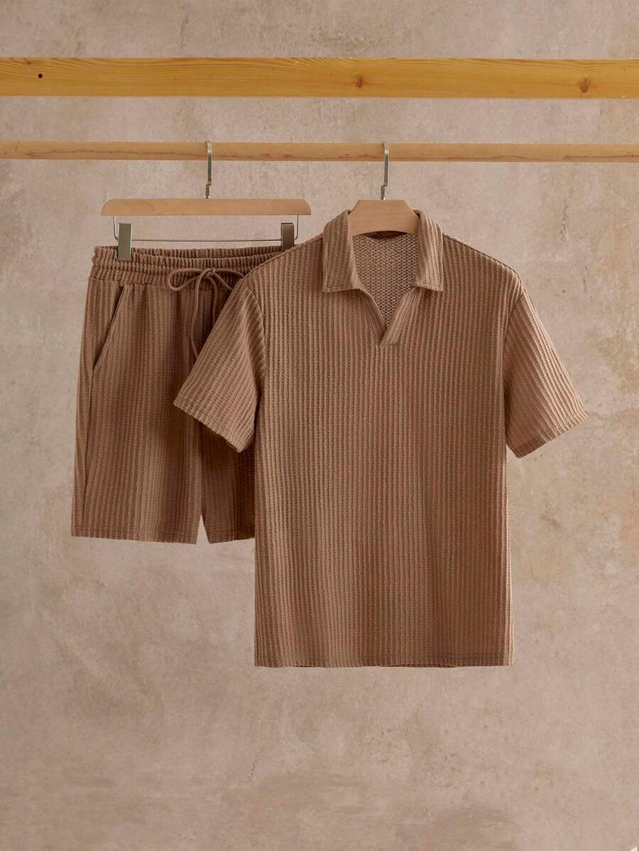 Men's V-Neck Polo Shirt And Shorts Set Lightweight Breathable Polyester Summer Essential For Men