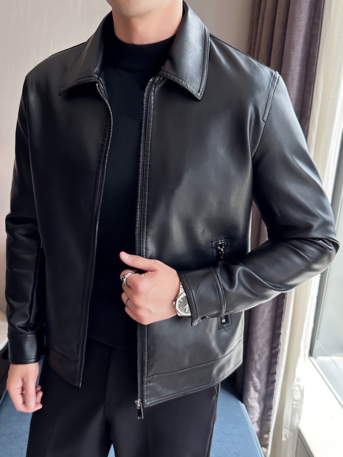 Mens Faux Leather Jacket With Zipper For Stylish Casual Looks Regular Fit High Quality