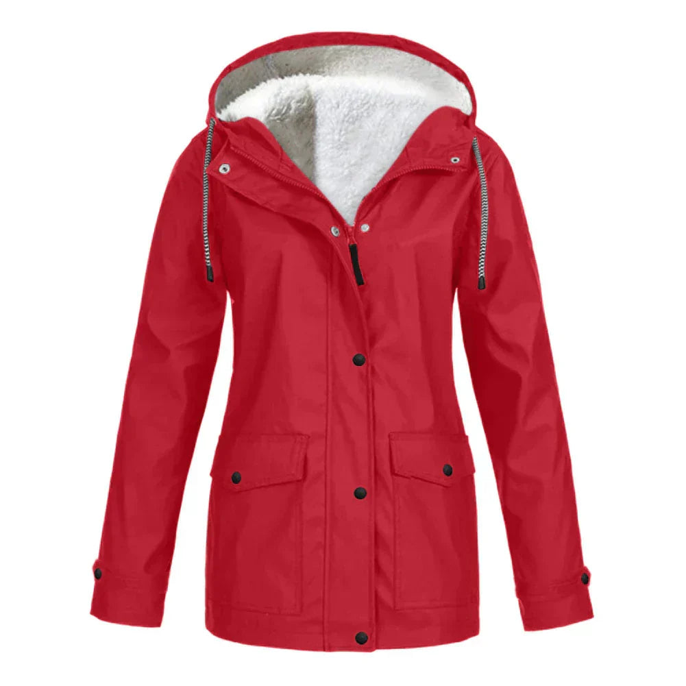 Women’s Rain Jacket – Fleece Lined – Relaxed Fit – Hooded – Mid-Length – Water-Resistant