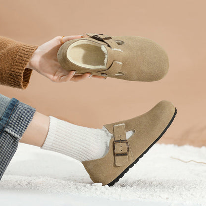Women Fleece Lined Suede Loafers Arch Support Buckle Shoes