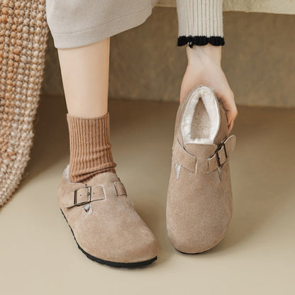 Women Fleece Lined Suede Loafers Arch Support Buckle Shoes