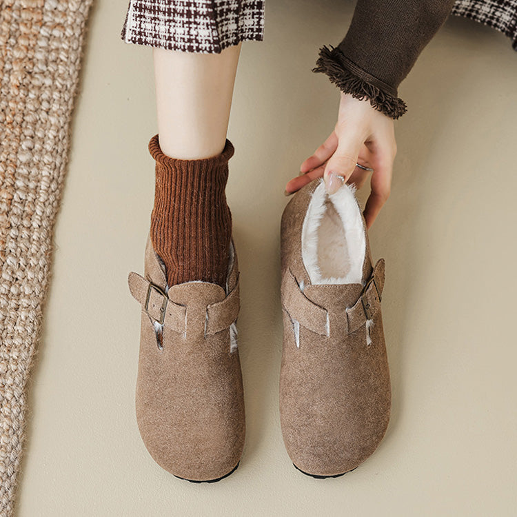 Women Fleece Lined Suede Loafers Arch Support Buckle Shoes