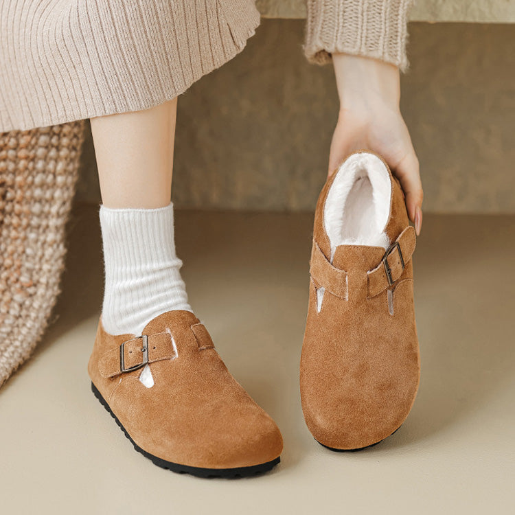 Women Fleece Lined Suede Loafers Arch Support Buckle Shoes