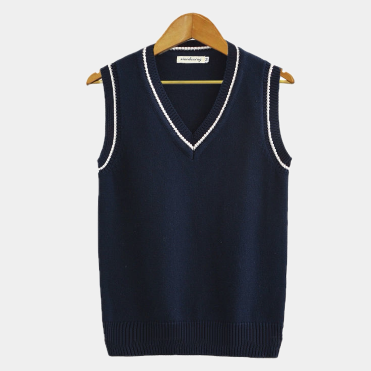TrendAura Charles Men's Navy V Neck Cable Knit Sleeveless Sweater Vest With White Beige Striped Trim