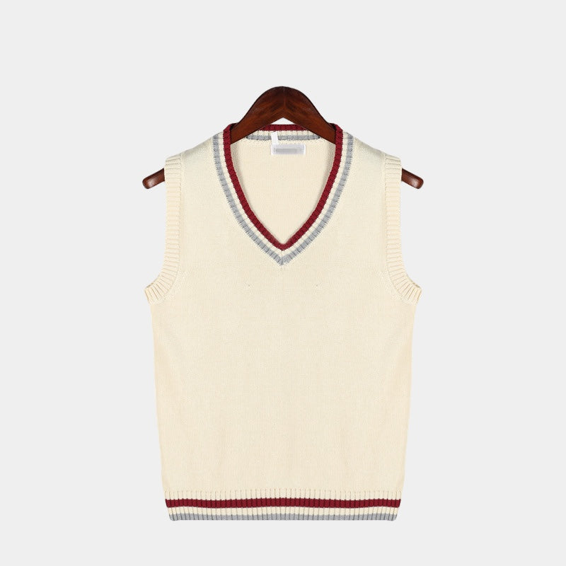 TrendAura Charles Men's Navy V Neck Cable Knit Sleeveless Sweater Vest With White Beige Striped Trim