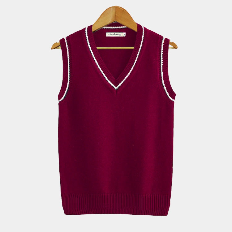 TrendAura Charles Men's Navy V Neck Cable Knit Sleeveless Sweater Vest With White Beige Striped Trim
