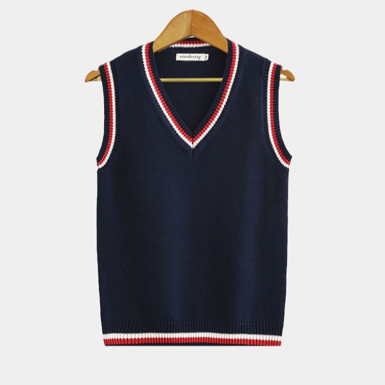 TrendAura Charles Men's Navy V Neck Cable Knit Sleeveless Sweater Vest With White Beige Striped Trim