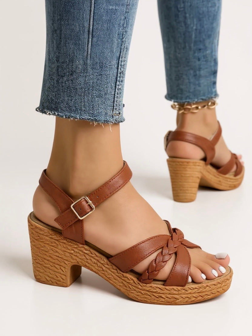 Women's Woven Sandals with Block Heel and Cushioned Insole