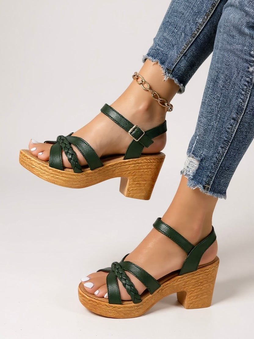 Women's Woven Sandals with Block Heel and Cushioned Insole