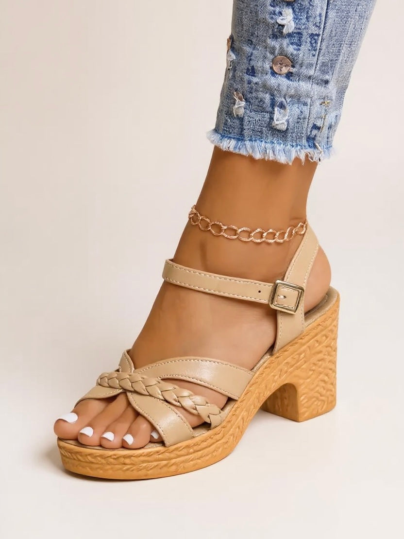 Women's Woven Sandals with Block Heel and Cushioned Insole