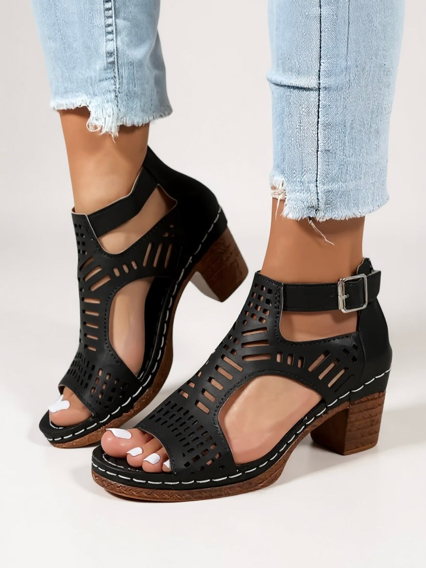 Women's Sandals with Block Heel and Adjustable Straps - TrendAura